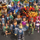 A group of Roblox avatars line up in the middle of the street and pose for a group photo.